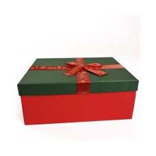 Новорічна картонна коробка двохкольорова з червоним бантом 19*12*6,5см 