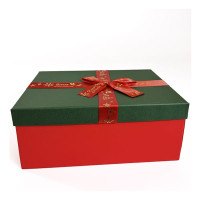 Новорічна картонна коробка двохкольорова з червоним бантом 21*14*8см 