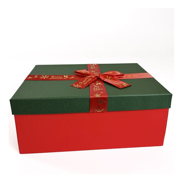 Новорічна картонна коробка двохкольорова з червоним бантом 21*14*8см 