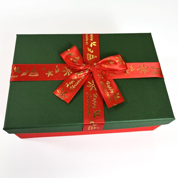Новорічна картонна коробка двохкольорова з червоним бантом 23*16*9,5см 